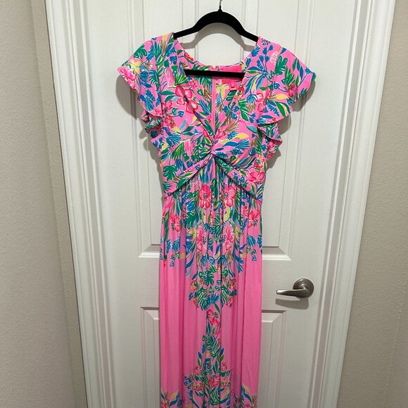 Lilly Pulitzer Verona Flutter Sleeve Maxi Dress in Havana Pink Casa Jaguar - 2 - Picture 1 of 11